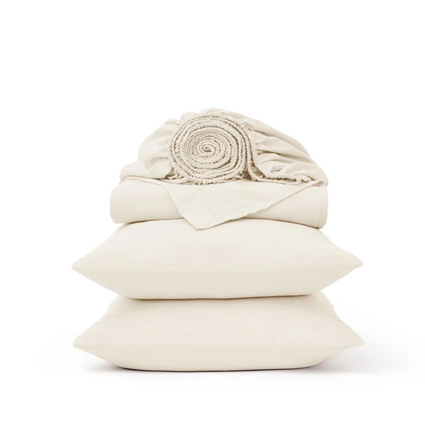 Bedsure Queen Sheet Set, Rayon Derived from Bamboo, Cooling Sheets, Breathable & Soft, Deep Pocket Up to 16", Hotel Luxury Silky Bedding for Hot Sleepers, Light Beige