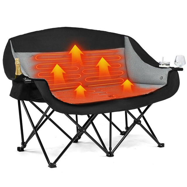 Heated Double Camping Chair - Heated Loveseat Chair for 2 Person Heavy Duty Oversized Padded Camping Couch for Adults Outdoor Sports Lawn Portable Folding Chairs