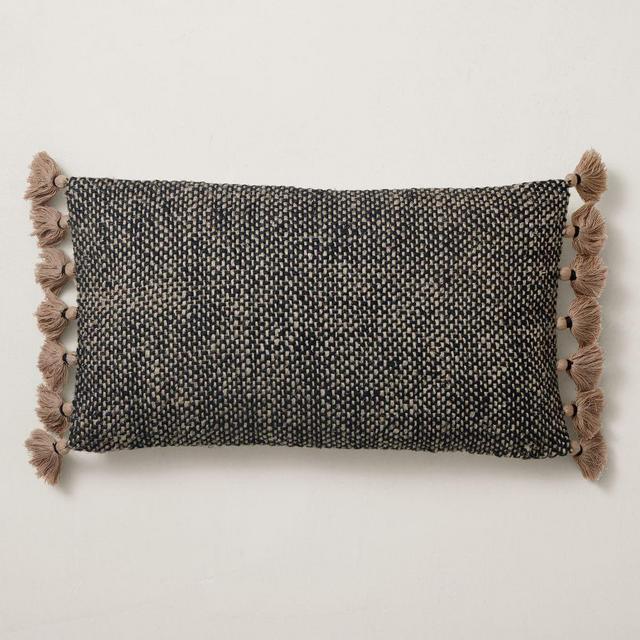 Two Tone Chunky Linen Tassels Pillow Cover, 12"x21", Black