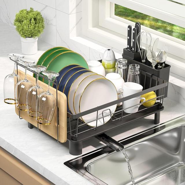 Dish Drying Rack - Stainless Steel Dish Rack for Kitchen Counter, Dish Drainer with Utensil Holder, Space-Saving, Rust-Resistant Dish Rack for Dishes, Glasses, and Cutting Board, 12''W x 15''L, Black