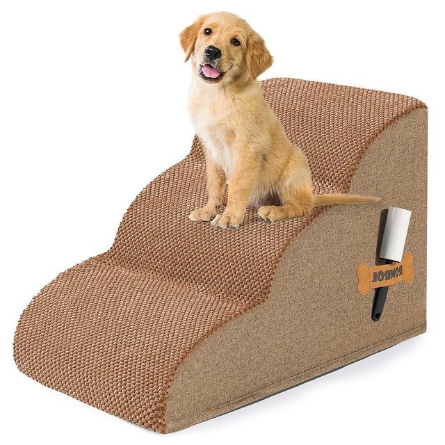 Romrol Dog Stairs Ramp for Beds Couches, Extra Wide Pet Steps with Durable Non-Slip Waterproof Fabric Cover, Pets Slope Stairs, 3-Tiers,Light Brown