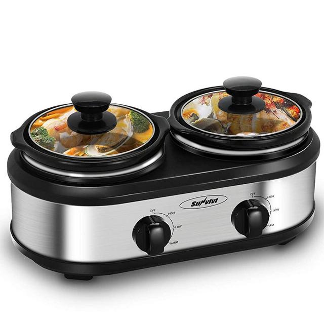 Dual Pot Slow Cooker Buffet Server, 2 Pot Crock Pot Food Warmer, 2-Section 1.25-Quart Oval Slow Cooker Buffet Food Warmer Adjustable Temp Lid Rests Stainless Steel, Total 2.5 QT,Black&Sliver