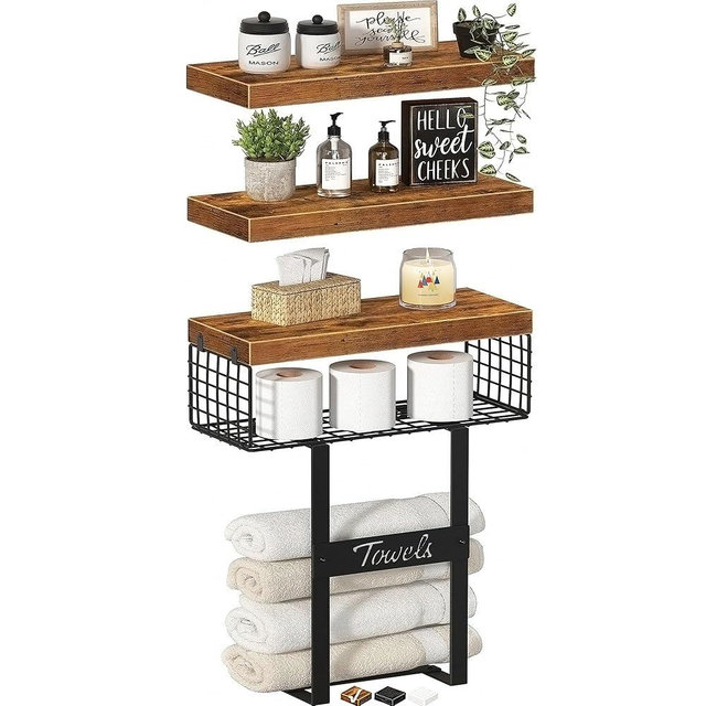 KLUVIS Bathroom Shelves Over Toilet - Floating Shelf for Wall Above Toilet Towels Holder Small Farmhouse Decor Shelves (15.7 inch, Set of 3, Rustic Brown)