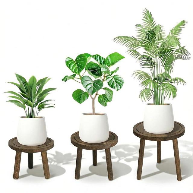SEQUEDA Wood Plant Stands Indoor, 3-Pack Single Plant Stand for 6-12 Inch Pots, Mid-Century Modern Plant Stool, Tall Wooden Plant Stand for Large Plants Perfect Fit for Living Room, Balcony, Office(Dark Brown)