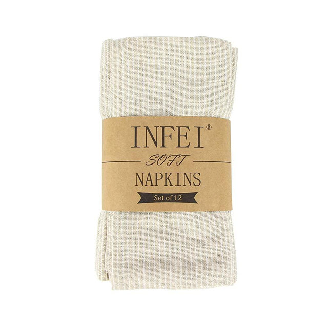INFEI Narrow Striped Linen Cotton Dinner Cloth Napkins - Set of 12 (40 x 30 cm) - for Events & Home Use (Beige)