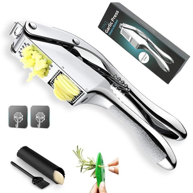 SAYLVME Garlic Press and Slicer 3 In 1, Food Grade Stainless Steel Garlic Mincer Chopper Crusher Pampered Chef Garlic Press Kitchen Tool with Garlic Peeler Skin Remover and Clean Brush