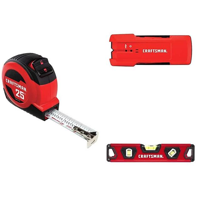 CRAFTSMAN Tape Measure, Self-Lock, 25-Foot with Stud Finder, 3/4-Inch Depth and Torpedo Level, 9-Inch (CMHT82390, CMHT77633 & CMHT37225S)