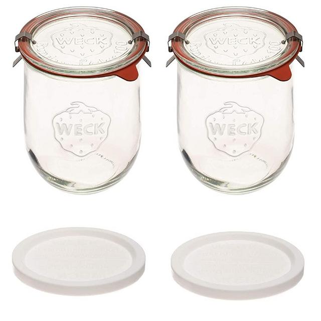 Weck Jars - Weck Tulip Jars 1 Liter - Large Sour Dough Starter Jars - Tulip Jar with Wide Mouth - Suitable for Canning and Storage - 2 Sourdough Jars with (Jars, Glass Lids & Keep Fresh Covers)