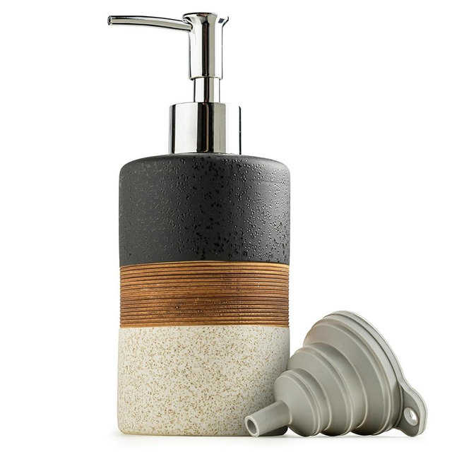 Cormomu Dish Soap Dispenser Set with Silicone Funnel, Hand Soap, Shampoo, Body Wash, Ceramic Liquid Soap Dispenser for Kitchen and Bathroom Countertops, Stainless Steel Pump, Non Slip, 12 Oz, Black