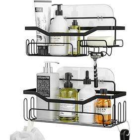 HapiRm Shower Caddy Shelf with 11 Hooks, Shower Rack for Hanging Razor, Soap and Shower Gel, No Drilling Bathroom Shelf with 4 Traceless Adhesive Hooks（Black)