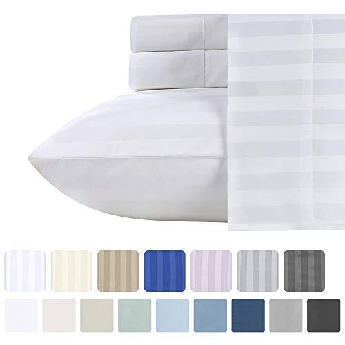 Premium Quality 500 Thread Count 100% Pure Cotton Sheets - 4 Piece White Color King Size Dobby Damask Stripe Extra Long-Staple Cotton Sheet for Bed, Fits Mattress 16'' Deep Pocket Sateen Weave Set