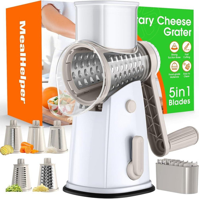 MealHelper 5 Blade Rotary Cheese Grater and Vegetable Chopper with Storage Box and Hand Crank, Compact Shredder for Cheeses, Veggies, Nuts - Easy to Use, Non-slip Suction Base,White