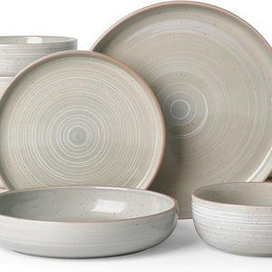 Famiware Meteor Stoneware Dinnerware Sets with Pasta Bowls, Service for 4 (16 Pieces), Plates and Bowls Sets, Microwave and Dishwasher Safe Dishes Set, Matcha Green