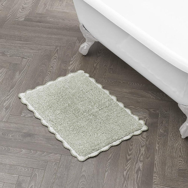 Laura Ashley Heathered Crochet Border 100% Cotton 17"x24" Skid-Resistant Bath Rug, Sage Green