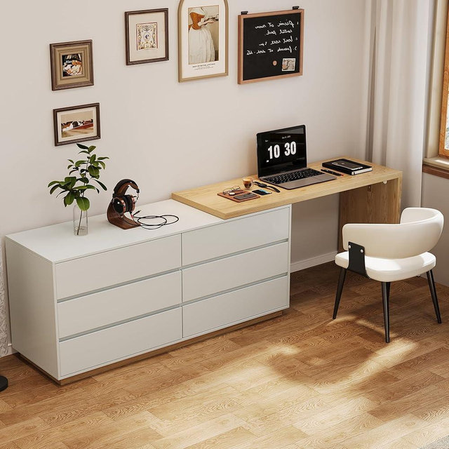 Pajiasen L-Shaped Desk with 6 Drawers, Extendable from 56" to 98.5", Corner Desk Writing Desk Study Desk, Vanity Desk, Ideal for Gaming, Home Office or Makeup, Light Gray with Natural Wood Finish