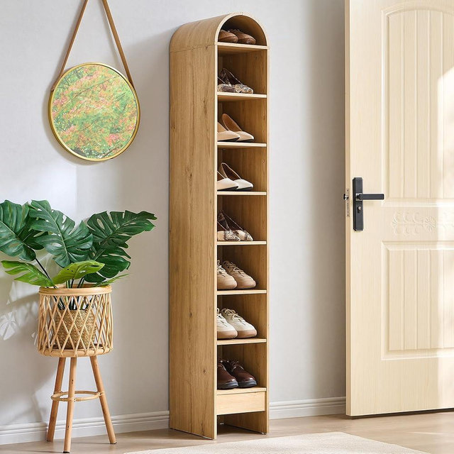 IFGET 67" Tall Arched Shoe Storage Cabinet, 8 Tiers 8 Pairs Wooden Shoe Rack with 3 Adjustable Shelves, Freestanding Shoe Closet Shelf Organizer for Entryway, Hallway, Living Room (Natural)