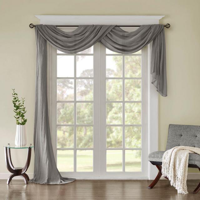 Madison Park Harper Solid Crushed Sheer 216-Inch Scarf Window Valance in Grey