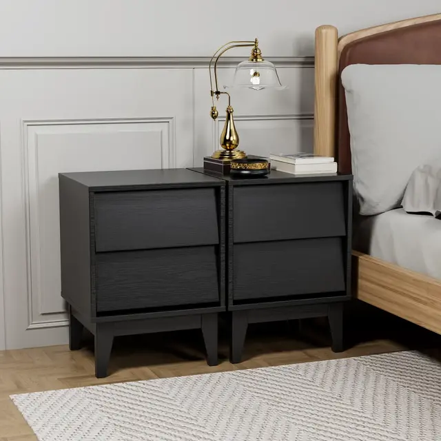 2 Set Nightstands Black Features Vintage-style and Bevel Design, Made of MDF, Mid Century Modern Nightstand, Night Stand for Bedroom