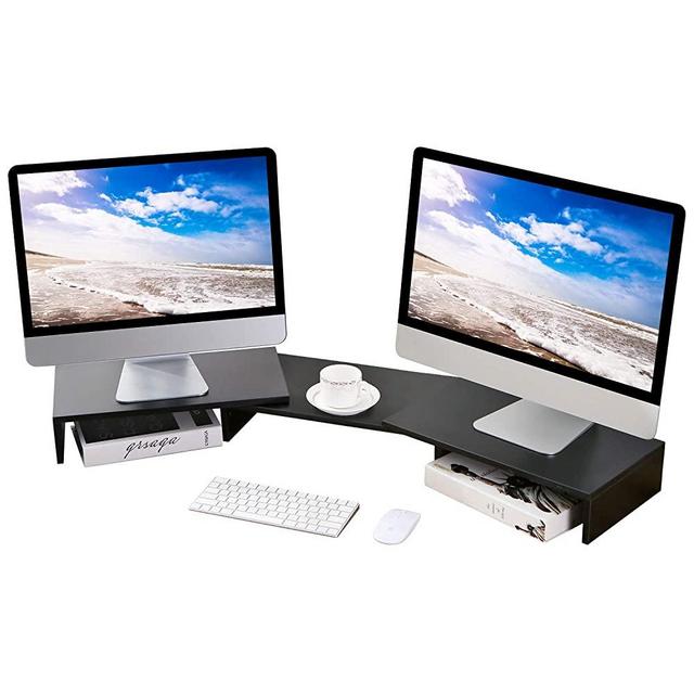5Rcom Dual Monitor Stand 3 Shelves Desk Riser with Adjustable Length and Angle Computer TV PC Laptop Screen Stand,Multi Desktop Stand Storage Organizer for iMac,Printer,Notebook