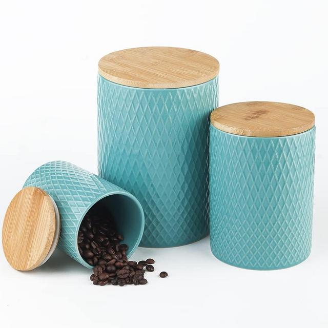 KOOV Kitchen Canisters Set with Bamboo Lids, Ceramic Coffee Canister Sets for Kitchen Counter Set of 3, 74oz Tea Sugar Coffee Canister Set for the Kitchen Airtight, Coffee Storage Container Artight for Tea, Sugar, Flour, Coffee Canister Set, Embossed Series (Teal)