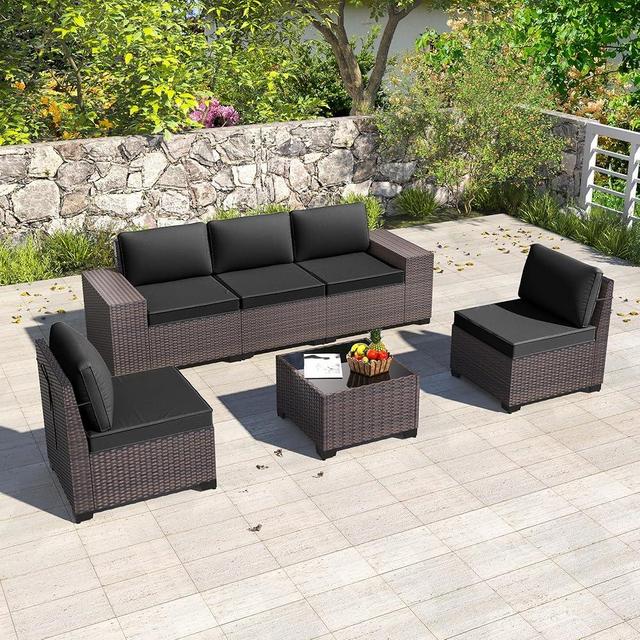 Halmuz 6 Piece Patio Furniture Sets Outdoor Conversation Sofa Set, All-Weather High Back PE Rattan Wicker Sectional Furniture Patio Sofa w/Tempered Glass Top Table&Thickened Cushions(Black)