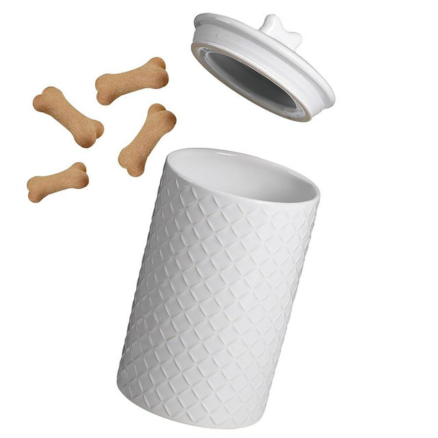 BIRDROCK HOME Large Dog Treat Container Jar | 9" x 5" | 7 Cups | Airtight Seal | Bone Handle Lid | Durable Ceramic Canister | White