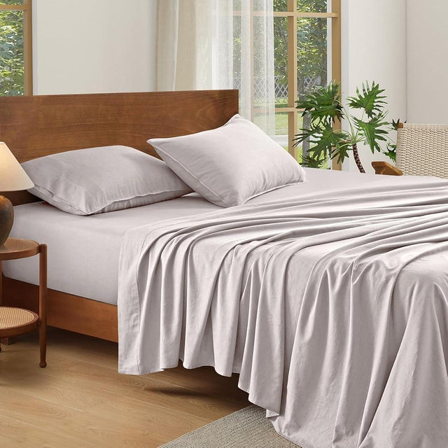 AGGBEERY 100% French Linen Sheets Natural Linen Queen Size Sheets Set, Breathable and Durable for Hot Sleepers, 4 Pcs Bed Sheets with 16 Inch Deep Pocket - 1 Flat Sheet, 1 Fitted Sheet, 2 Pillowcases
