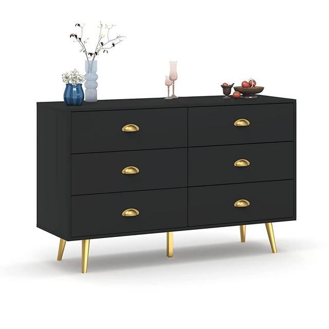 LYNSOM Black Dresser, Modern 6 Drawer Double Dresser with Gold Pulls, Wood Horizontal Dresser for Living Room, Hallway