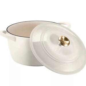 Tramontina Enameled Cast Iron 7-Quart Covered Round Dutch Oven, Latte with Gold Knob.