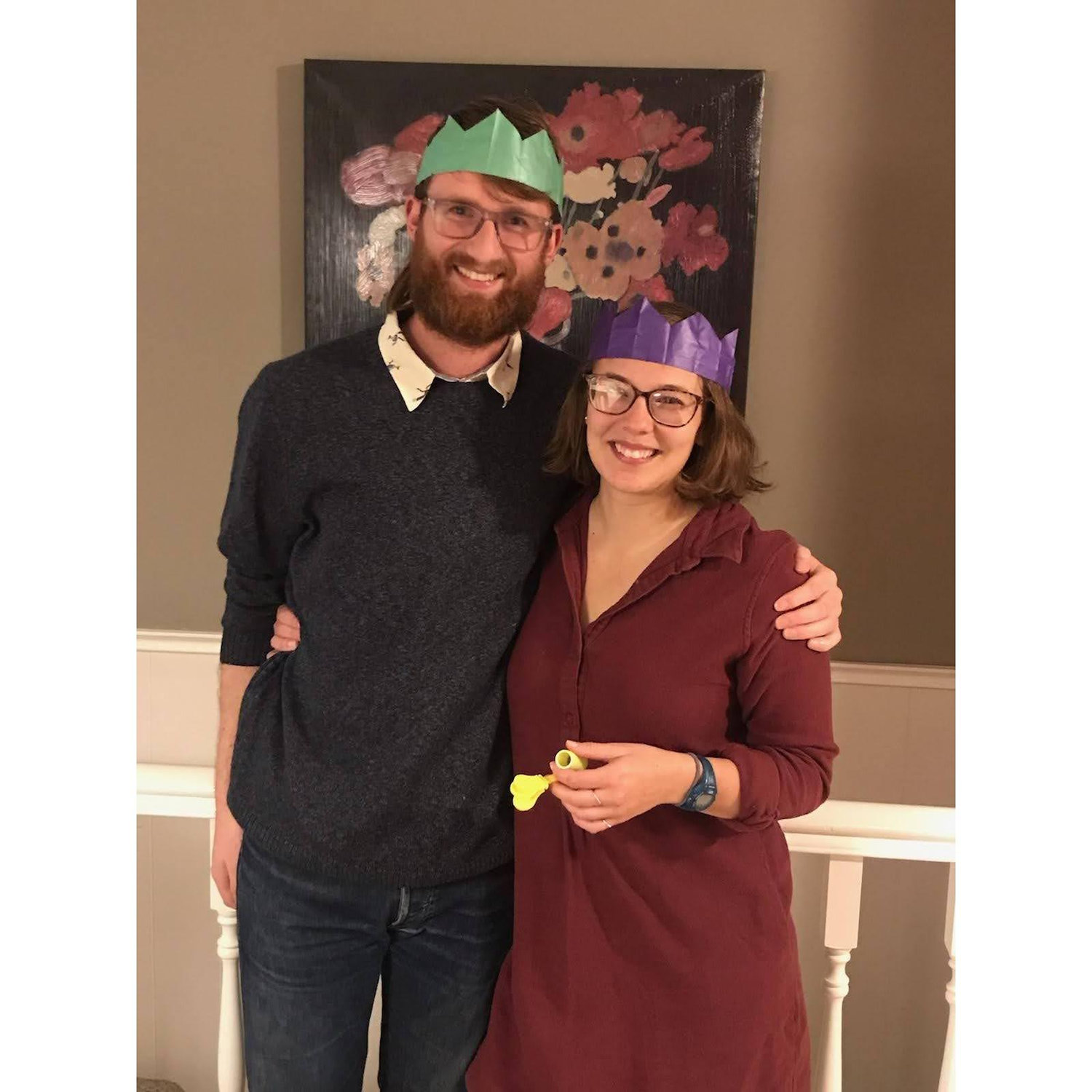 Sharing Christmas crackers with the Woelmers at our first Christmas together