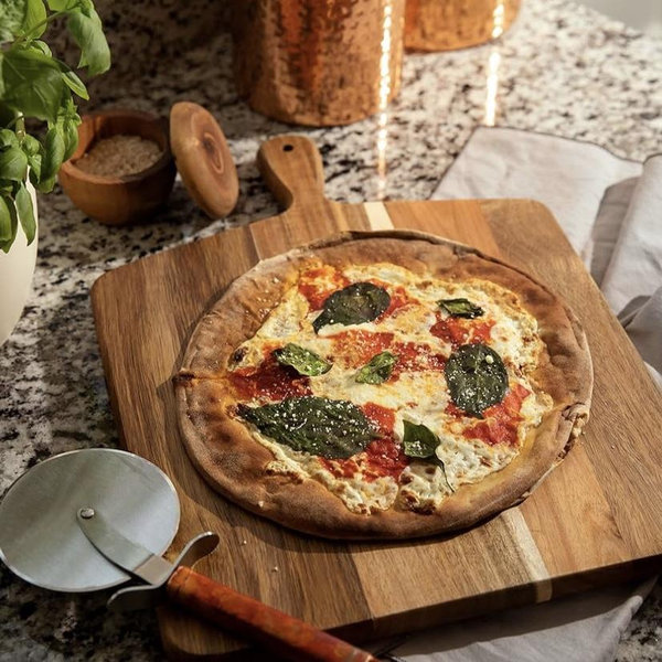 Acacia Wood Cutting Board and Chopping Board with Handle for Meat, Cheese Board, Vegetables, Bread, and Charcuterie - Decorative Wooden Serving Board for Kitchen and Dining Room, Large 17” x 13”