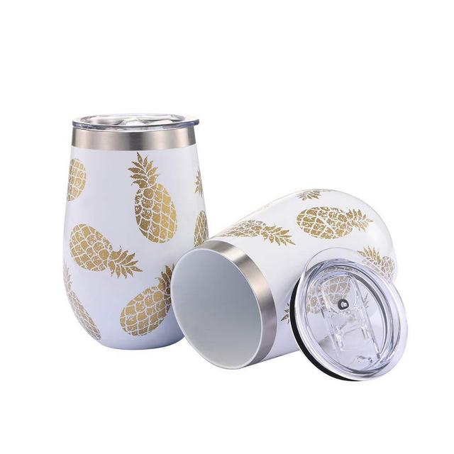 WDG Pineapple Wine Glasses 2 Pack Steel Stemless Wine Glass Tumbler with lid 12 oz Double Wall Vacuum Insulated Wine Glasses without Handle for Champagne, Cocktail, Beer, Office