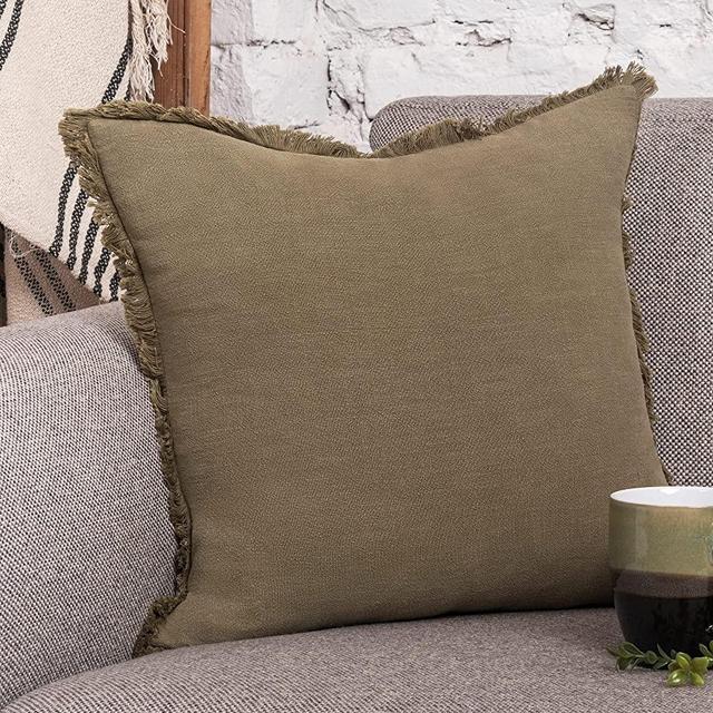 Inspired Ivory Decorative Linen Pillow Cover 20x20 Inch - Khaki Green Throw Pillow Cover with Fringe & Invisible Zipper - Soft Solid Cushion Cover for Sofa, Couch, Bed Decor, Single Sham (50x50cm)