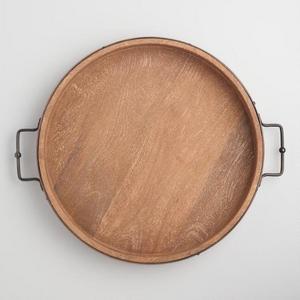 Round Rustic Wood Tray with Iron Handles