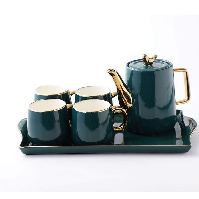 Purzest Tea Cup Teapot Set with Tray, Emerald Ceramic Teapot Coffee Cups Set Christmas Gift for Drinking Tea Latte Water, Tea Pot 40 OZ, 4 Cups 10 OZ