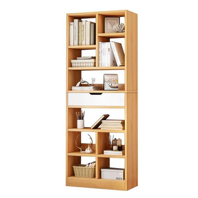 IOTXY Wooden Open Shelf Bookcase - 71 Inches Tall Freestanding Display Storage Cabinet Organizer with 10 Cubes and a Drawer, Floor Standing Bookshelf in Maple Yellow