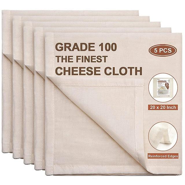 eFond Cheesecloth, Precut 20x20Inch, Grade 100 Hemmed Cheese Cloths for Cooking Reusable and Washable, 100% Unbleached Pure Cotton Muslin Cloths for Straining Butter, Fruit, Nut Milk (5 Pieces)