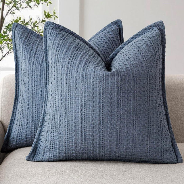 Foindtower Set of 2 Decorative Cotton Waffle Weave Throw Pillow Covers Euro Shams Cushion Covers Accent European Pillowcase for Bed Couch Sofa Bedroom Living Room Home Decor 26×26 Inch Blue