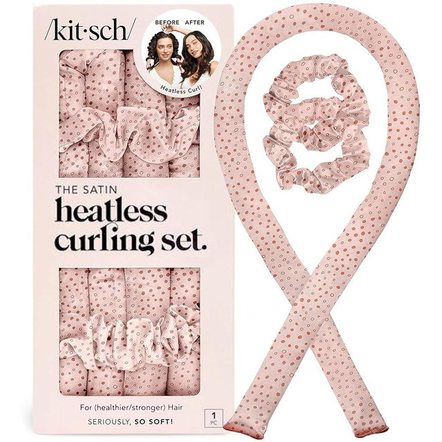 Kitsch Satin Heatless Curlers Set – Heatless Curls Overnight with 34" Hair Curler & 2 Satin Scrunchies, Comfortable No Heat Hair Curlers to Sleep In for Frizz-Free & Non-Damage Styling - Micro Dot