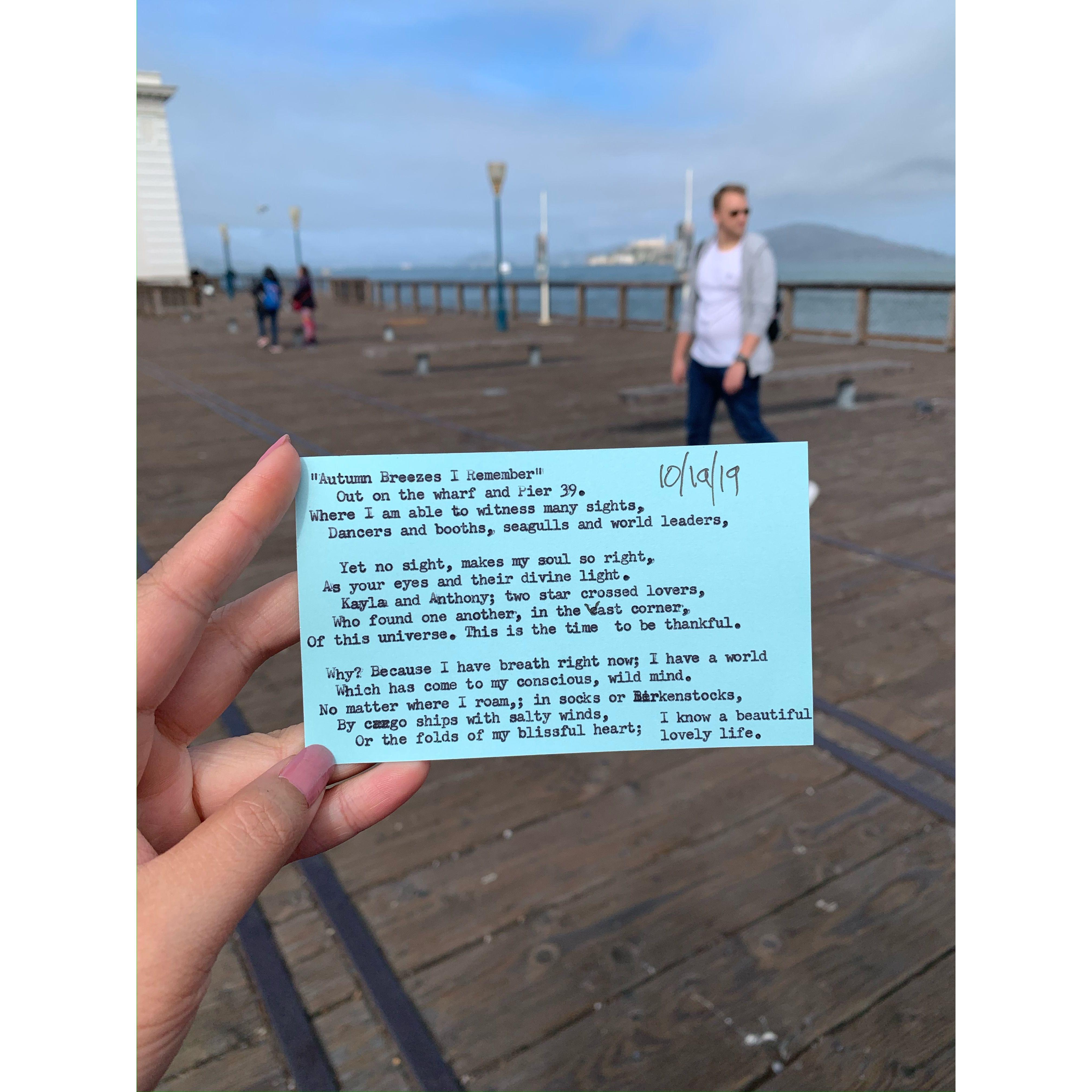 Custom poem from a random man with a typewriter on Fisherman's Wharf, 2019