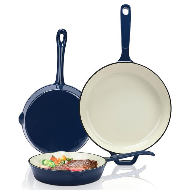 Hisencn Enameled Cast Iron Frying Pan Set, 3 Piece Set of Skillets, Nontoxic Fry Pan Cookware Set, Ceramic Cast iron Coated, PFAS & PTFE & PFOA Free, Gas/Induction/Electric/Oven Compatible, Navy