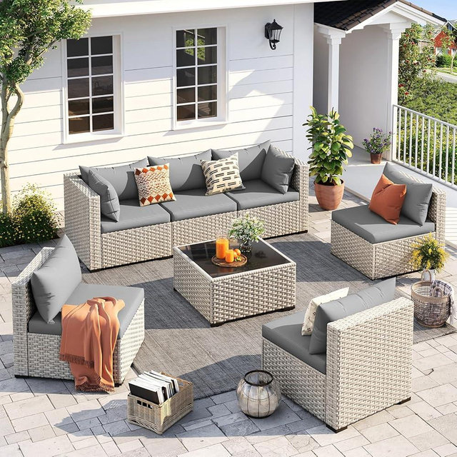 UDPATIO Outdoor Patio Furniture Set, 7-Piece PE Wicker Sectional Sofa with Tea Table, Outdoor Conversation Set for Patio, Garden, Backyard Grey