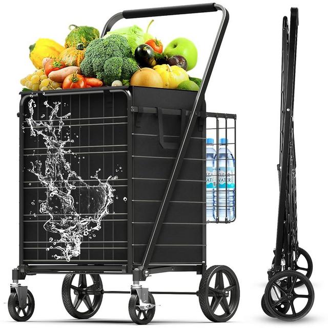 XING LANG Folding Shopping Cart for Groceries with Braked Rolling Swivel Wheels - Extra Large Heavy Duty Grocery Cart with Double Basket & Removable Waterproof Liner, Upgraded Laundry Utility Cart