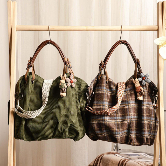 Retro Tote Bag, Shoulder Bag, Corduroy Crossbody Bag with Adjustable Strap, Leather Label, Travel Crossbody Bag