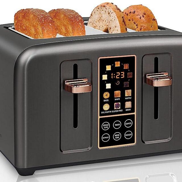 SEEDEEM Toaster 4 Slice, Stainless Steel Toaster with LCD Display, Touch Buttons, 6 Bread Selection, 7 Shade Settings, 1.4''Extra Wide Slots Toaster with Cancel, Defrost, Reheat, Removable Crumb Tray, 1800W, Dark Metallic
