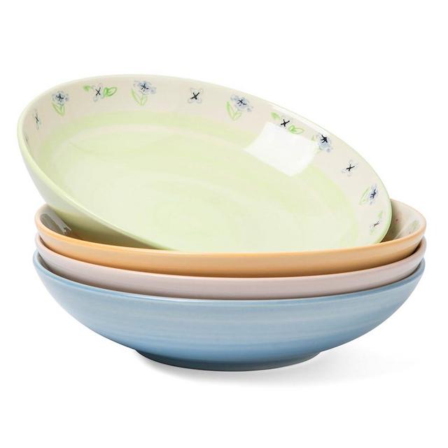 BICETTO Handmade 8.4'' Ceramic Large Pasta Bowls Set of 4 – 35oz Floral Salad Bowls for Pasta, Soup, Noodles, Salad & Dinner – Microwave, Dishwasher & Oven Safe – Spring Blossom