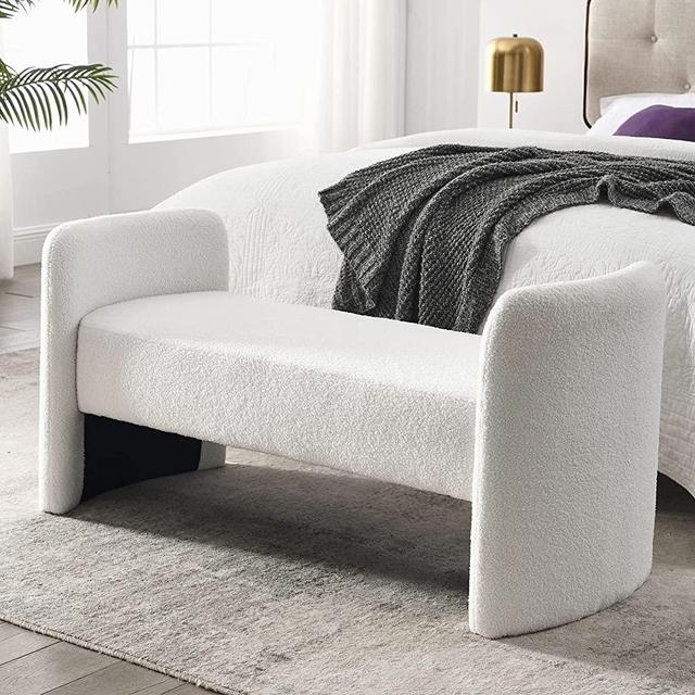 NIOIIKIT 52''Modern Fuzzy Sherpa Upholstered Ottoman Bench, Faux Fur Entryway Bench, End Bed Bench, Footrest for Bedroom, Living Room, End of Bed, Hallway (White Teddy)