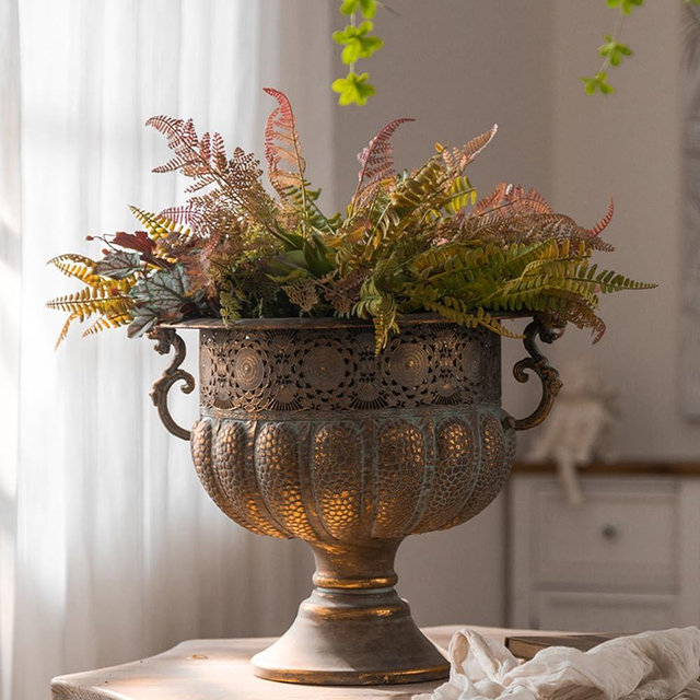 Vintage Metal Decorative Urn Planter with Stand, Embossed Pattern, Bronze Finish (45 * 39 * 36CM)