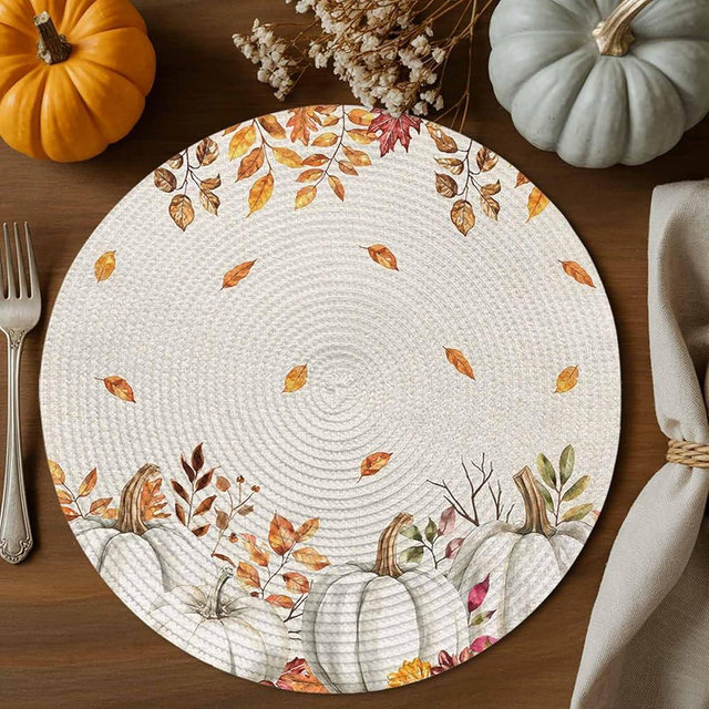 Fall Round Placemats Set of 2 White Pumpkin Thanksgiving Table Mats for Dining Table Decor Harvest Pumpkin Maple Leaves Round Braided Placemat Woven Heat Resistant Washable Place Mats 15 Inch
