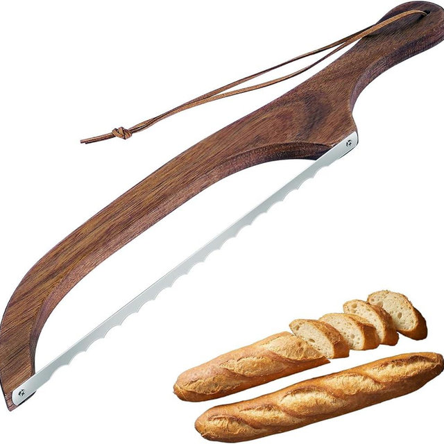 FUNFDWU bow bread knife, 16" Wooden Handle bread cutter with Leather Hanging Strap Serrated bread Saw knife for homemade bread sourdough, right handed bread bowl knife with Cover & Linen Storage Bag